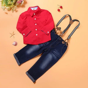 New Winter Fashion Child Clothing Suit Red Long Sleeve T-shirt Jeans Suspender Trousers 2 pcs Baby Boys Casual Set