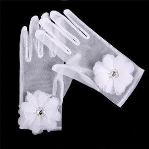 Newest Beautiful Flower With Diamond Bridal Gloves Thin Fabric Wrist Length Full Finger Gloves For Ladies Wedding Dresses
