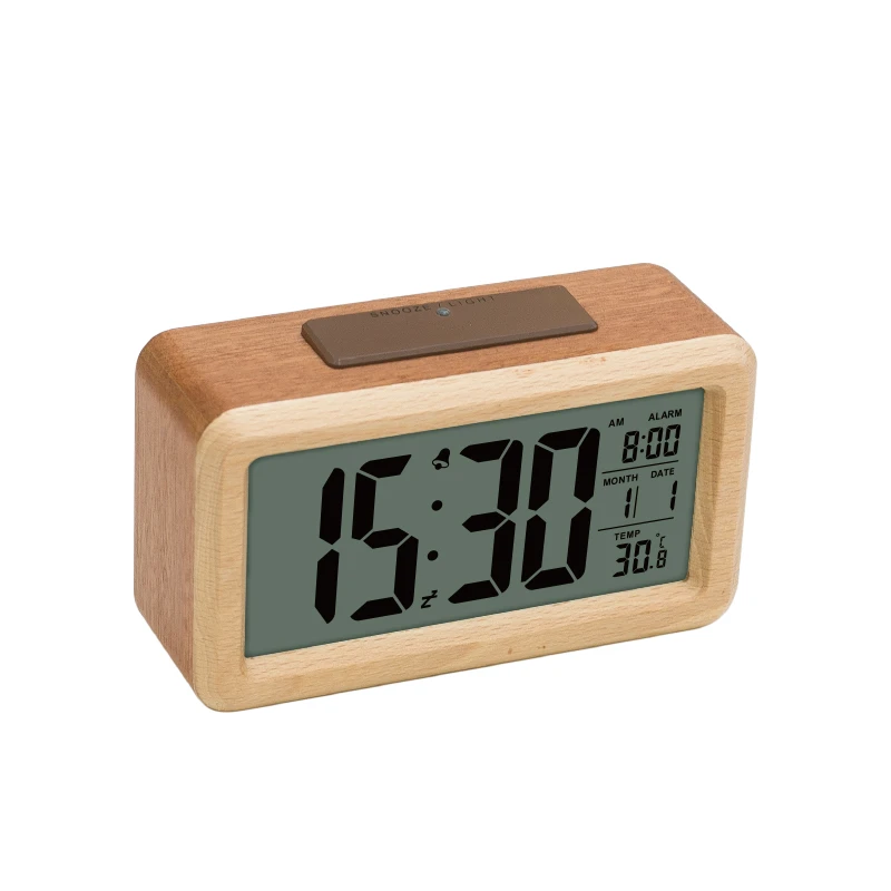 Novelty Wood Material Table Desktop Digital Kids Children LCD Display Alarm Clock With Triple Alarm And Snooze Function