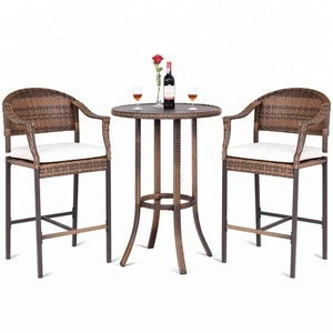 Patio Bar Set 3-PC Wicker Rattan All Weahter Durable Poolside Balcony Garden Furniture Bar Height Outdoor Table and Chairs Set