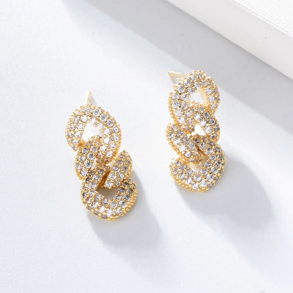Peishang Brand Fashion Design Gold Plated Cuban Chain Stud Earring 925 Pave Clear CZ Earring