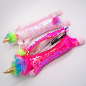 Plush Toys School Kids Gifts Metallic Gold Color Horn Holographic Pink Hotpink Sequin Pencil Case Pouch Bag