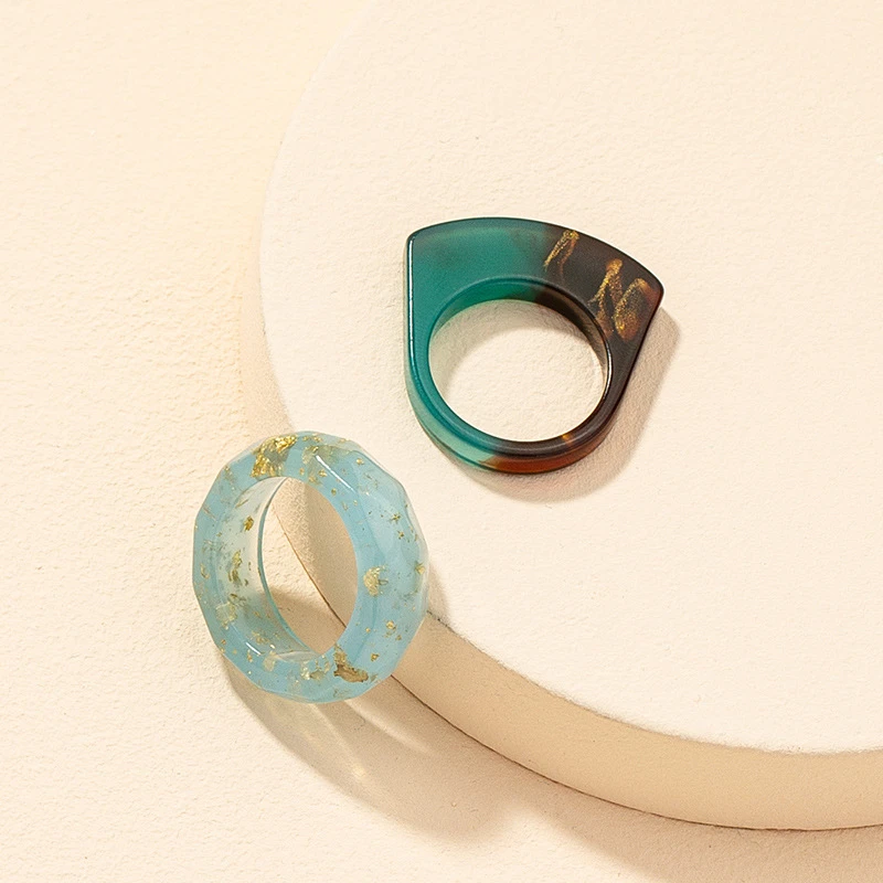 Popular 2Pcs/Set Blue Irregular Geometric Acrylic Band Ring Gold Foil Round Resin Acrylic Finger Ring Set
