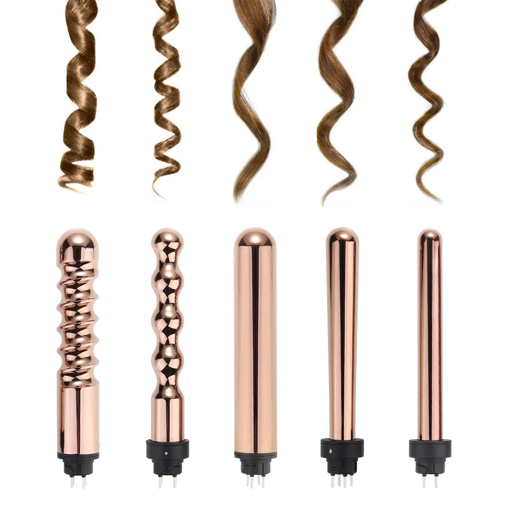 Professional 5 In 1 Rose Gold Hair Curler Curling Wands Set Interchangeable Ceramic Coating Barrels Hair Curlers Rollers