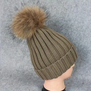 real fur pom pom winter hat custom knit hat for woman