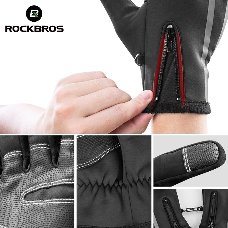 ROCKBROS Cycling Mitten Equipment Winter Touch Screen Bicycle Anti-slip Warm Rainproof Windproof Thermal Full Finger Bike Gloves