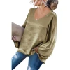 Spring  womens Ballon Sleeve V Neck T Shirt loose fit