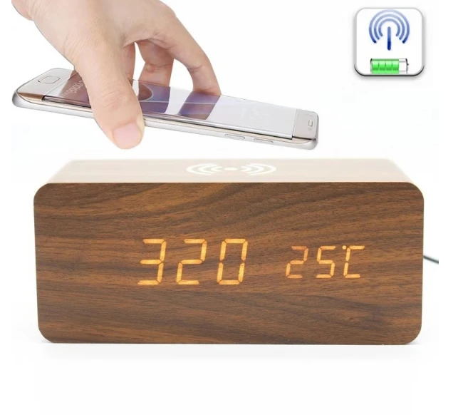 top selling LED wooden electronic desk table digital clock with wireless chargeing  battery operated red Led clock Modern Alarm Clock