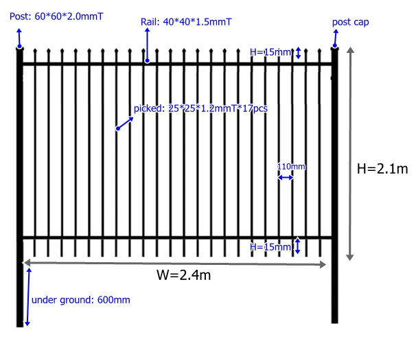 US and AU and Canada using 2.4m width by 2.1m High security pipe used wrought iron steel fence panels and posts