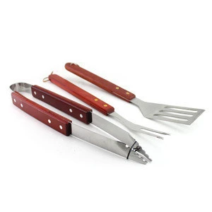 WCL00104 High Quality Hot Sales Wood Handle Stainless Steel 3PC BBQ Tool Set