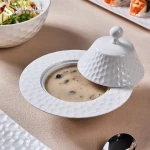 Western Luxury White Ceramic Restaurant Hotel Catering Deep Porcelain Soup Serving Dinner Hat Plate Set With Lid