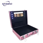 woman aluminum  cosmetic Case with LED Lighted Makeup Mirror Cosmetic Case  Makeup Organizer Storage Box for Bedroom Travel