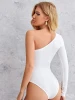 Womens One Shoulder Long Sleeve Stretch Bodysuit Jumpsuit