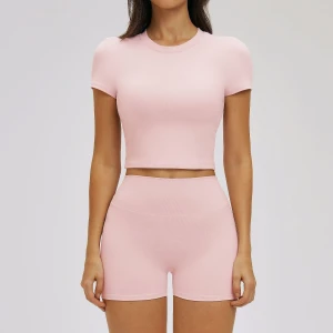 Women Crew Neck Short Sleeve Crop Top & High Waist Biker Shorts 2 Piece Fitness Workout Yoga Outfit Set