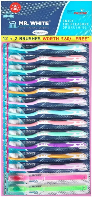 Mr.  White Sensitive Toothbrush ( Pack of 12 + 2, Multicolor )