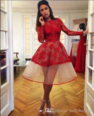 A Line Red Lace Long Sleeves Cocktail Party Dresses Sheer Beyonce Tea Length Short abiti da Cocktail Prom Dresses Cheap Homecoming Dresses