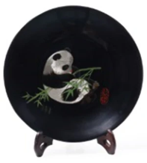 Carved silver silk bamboo leaf single panda disc (black)