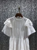 100%Cotton Womens Dress 2021 Summer Clothes Ladies Exquisite Embroidery Ruffle Deco Short Sleeve Mid-Calf White Green Dress