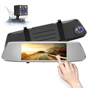 1080P Night Vision 7 inch Rear View Mirror Camera, Aidelion 7S Dash Cam with 2.5D Streamless Glass Lens Car DVR Camera
