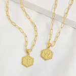 14K Real Gold Plated Paperclip Chain Necklace Cute Hexagon Letter Pendant Initial Choker Necklace Gold Layered Necklaces