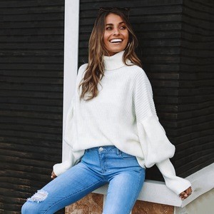 2019 Wholesale Fashion Custom Cotton Women Turtleneck Puff Sleeve Winter Sweaters