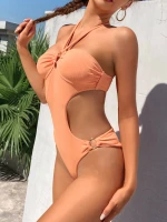 2021 Pink Ribbed One Piece Swimsuit Sexy Hollow Out Strap Crisscross Back String Bandage Bathing Suit With Metal Ring Front