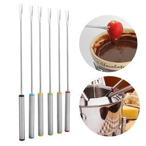 6Pcs Stainless Steel Fondue Forks Dessert Server Skewer Forks With Heat Resistant Handle