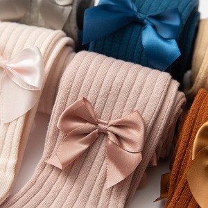 75% Combed cotton plain color baby tights, cute bow kids pantyhose