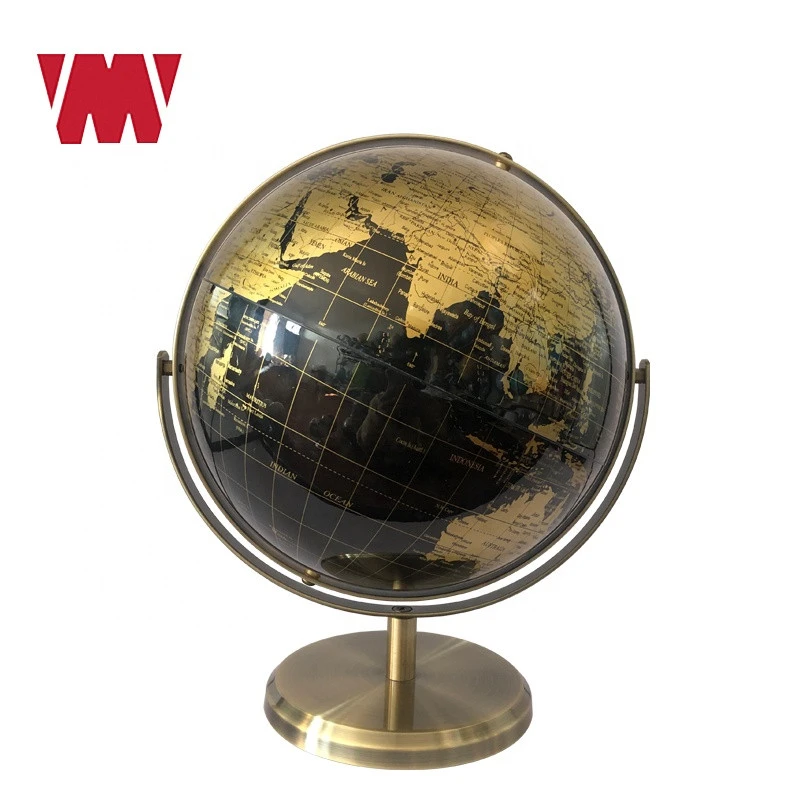 All direction 25cm black golden silk printing world globe PVC surface ABS inner ball Bronzed metal base home deco desktop globes