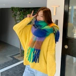 Autumn Winter European American Colorful Style Retro Bright Checked Plaid Scarf Imitation Cashmere Lady Shawl Classic Wrap