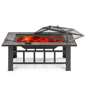 Backyard Garden Rectangular BBQ Fire Pit Table with Cover