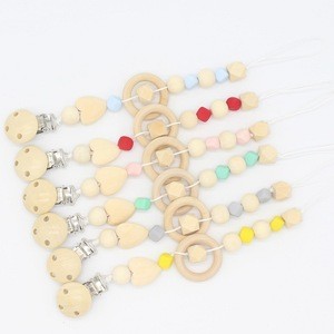 BPA-Free Baby Teether Toys Nature Wood Bead Baby Pacifier Clips Wooden