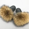 Brown fur slides ladies girls big full fur furry slides slippers raccoon fur fluffy slippers