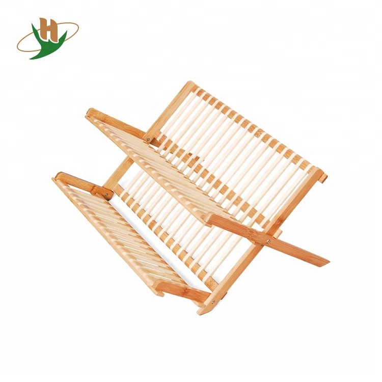 Collapsible kitchen folding dish rack &amp; plate holder bamboo dish drying rack
