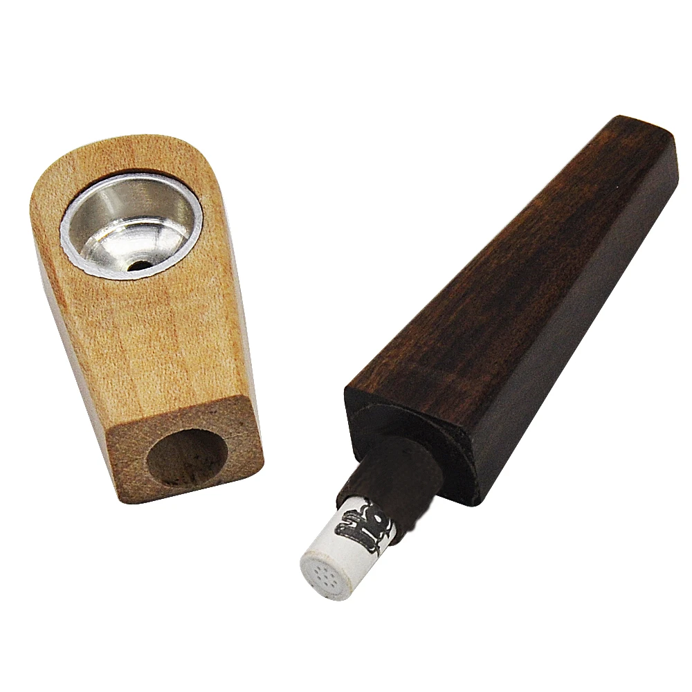 Custom Logo Natural Wood Metal Smoking Pipe Tobacco Pipe Pocket Size With 3 Pcs filter tips