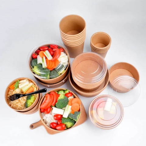Custom Recyclable Kraft Paper Salad Bowls,Brown Kraft Soup Paper Bowls With Lids