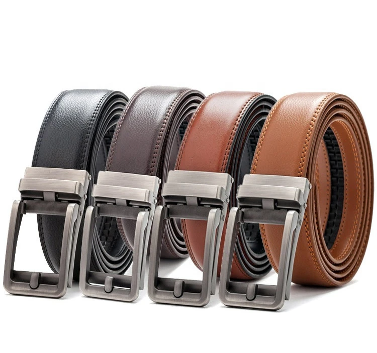 Custom Removable Slide Buckle Wholesale Click Genuine Cow Hide Leather Ratchet Belt for Men