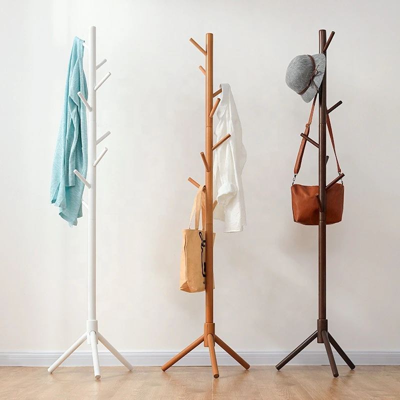Custom Solid wooden floor stand tree 8 hooks clothes hanger rack for bedroom office