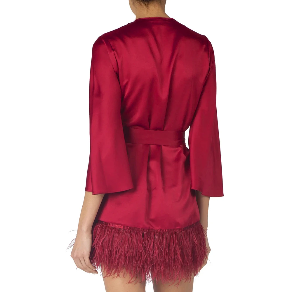 Custom Summer Plus Size Satin Bath Robes Women Elegant Ostrich Feather Robes