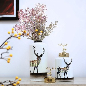 Decoration pieces ceramic crafts vase with metal deer lid storage jar