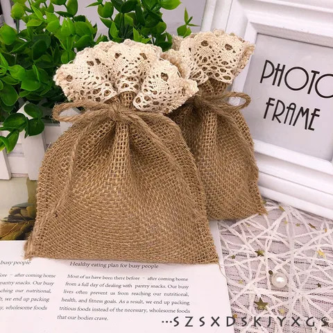 Eco-Friendly Lovely Lace Top Small Jute Bag Wholesale Jute Gunny Bag Jute Drawstring Bag