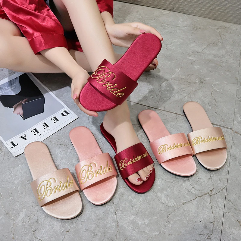 Embroidery bridesmaid soft rubber material wedding ladies womens slippers