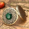 Exquisite Emerald-Green Stone Classic Cat Eye Opal Carved Hollow Flip Dial Pendant Necklace Chain Bronze Quartz Pocket Watch