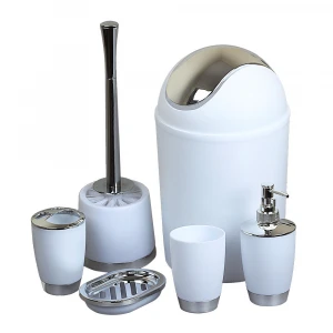 Factory Price Eco-friendly House ware Black White Plastic Bathroom Accessories Set with Dishwashing Dispenser Toilet Brush