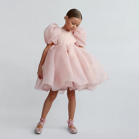 Fashion Girl Princess Vintage Dress Tulle Cotton Child Vestido Puff Sleeve Pink Wedding Party Birthday Tutu Dress Child Clothes