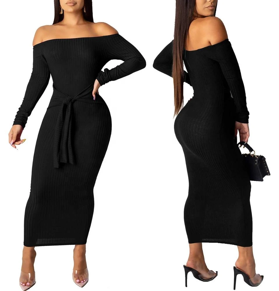 Fashion Sexy off Shoulder Knitwear Long Sweater Dress with Belt