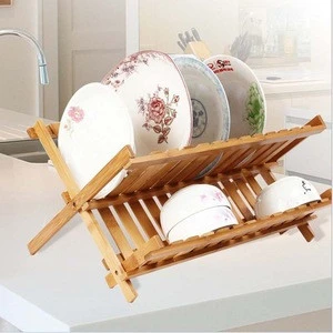 Folding double-layer plate rack,bamboo kitchen shelving rack wooden tableware storage rack