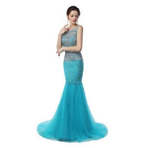 Free Shipping A Line Custom Made Sleeveless Beaded Floor Length Mermaid Jewel Zipper Tulle Women Prom Dress