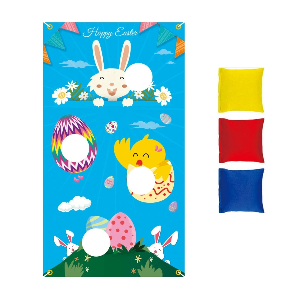 Fun Yard Game Party Favor Easter Toss Game Eggs and Bunny Themed Backdrop Banner with 4 Bean Bags Kids Party Games Supplies