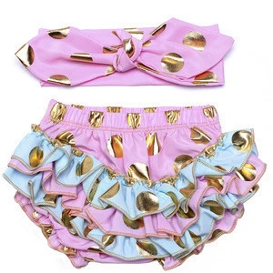 girls gold polka dot shorts baby bloomers + headbands set childrens ruffled shorts kids cotton underwear girl boutique diaper co